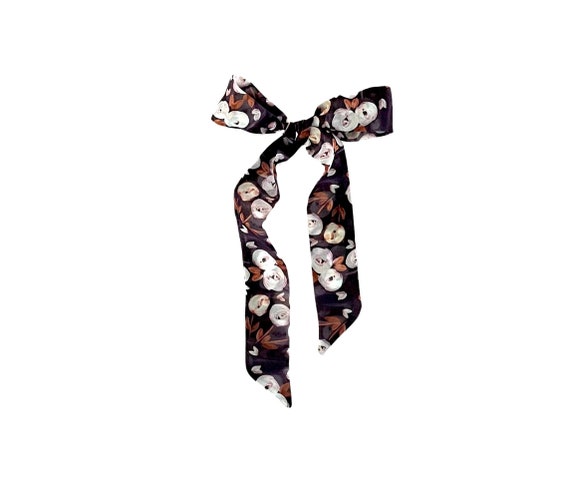 Extra skinny short hair scarf. Fabric hair tie for ponytail, braid, bun. Small floral knot ribbon hairband. Under 20 Dollars, Ready to Ship