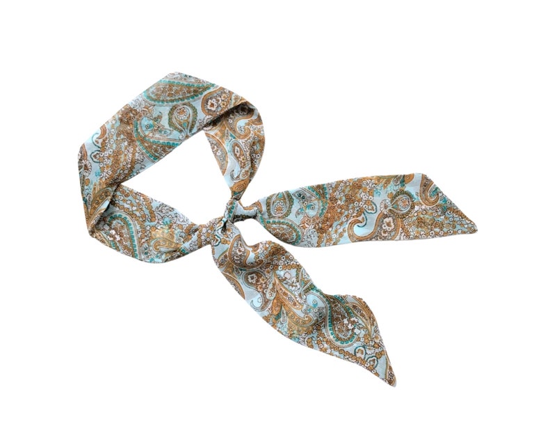 Long skinny scarf for women. Floral fabric hair tie for neck, bun, handbag or ponytail. Chic fashion accent in paisley and petite flowers. image 1