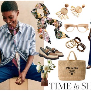 May include: A blue and white striped button-down shirt, blue trousers, a floral silk scarf, beige and brown loafers, a straw tote bag with Prada logo, shell earrings, bamboo bracelets, clear glasses, and a small patterned pouch, with text TIME to SHINE.