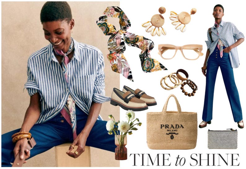 May include: A blue and white striped button-down shirt, blue trousers, a floral silk scarf, beige and brown loafers, a straw tote bag with Prada logo, shell earrings, bamboo bracelets, clear glasses, and a small patterned pouch, with text TIME to SHINE.