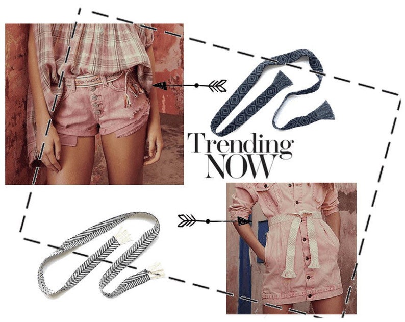 May include: Two women wearing denim shorts and a denim skirt with woven belts. The belts are tied with tassels and feature geometric patterns. The text "Trending Now" is visible in the image.