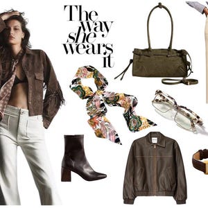 May include: A collection of apparel and accessories including a brown suede fringe jacket, cream wide-leg trousers, a floral print neck scarf, an olive green shoulder bag, tortoiseshell glasses, dark brown ankle boots, a brown leather jacket, and a gold watch.