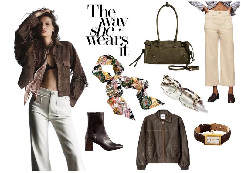 May include: A collection of apparel and accessories including a brown suede fringe jacket, cream wide-leg trousers, a floral print neck scarf, an olive green shoulder bag, tortoiseshell glasses, dark brown ankle boots, a brown leather jacket, and a gold watch.