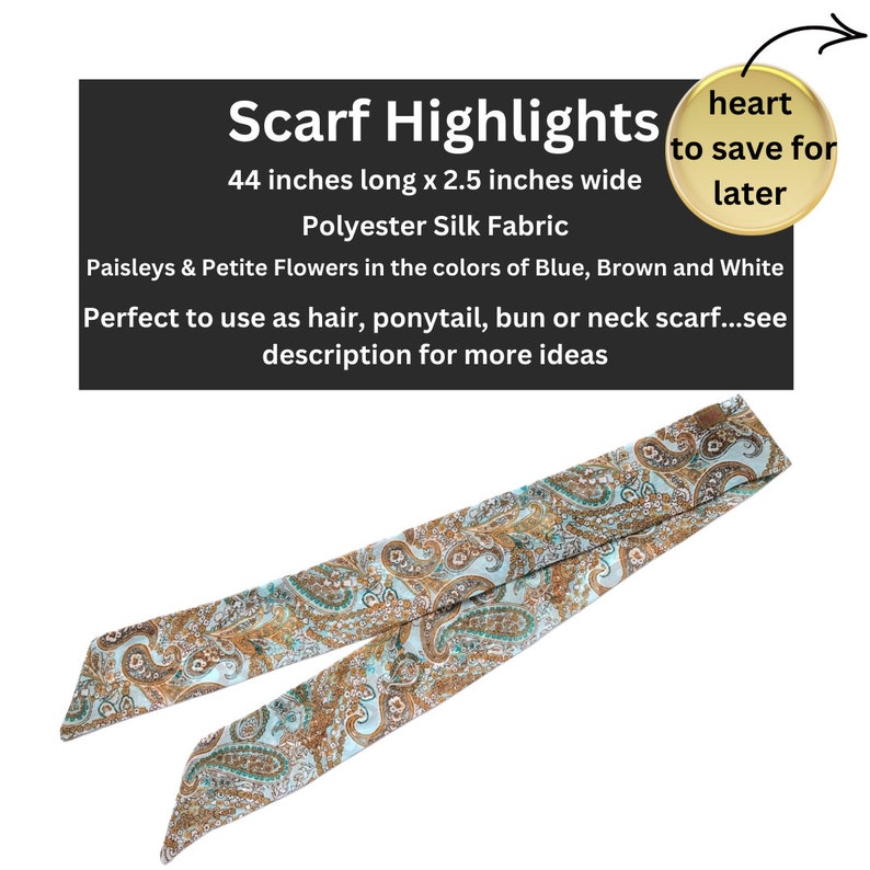 Long skinny scarf for women. Floral fabric hair tie for neck, bun, handbag or ponytail. Chic fashion accent in paisley and petite flowers. image 2