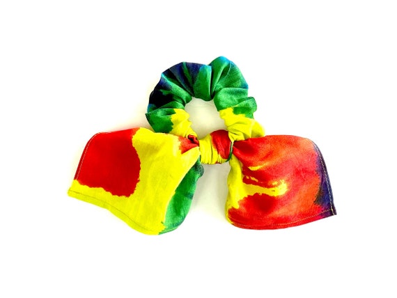 Bright tie dyed scrunchie scarf for ponytail or messy bun. Women, teen, tween, girl bright hair accessory. 70's Birthday Party Ready to Ship