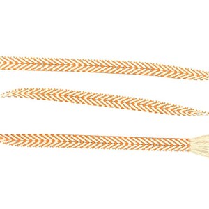 May include: A long, thin, orange and white woven ribbon with tassels on each end. The ribbon has a chevron pattern.