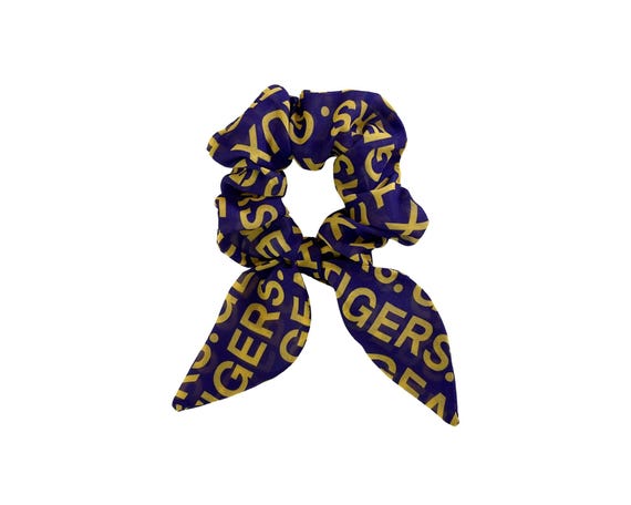 Louisiana State University Tigers bunny ear scrunchie for ponytail or bun. LSU college apparel gift for student, alumni or fan Ready to Ship