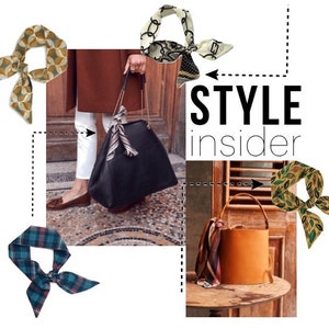 May include: A collage of images featuring different styles of scarves and handbags. The scarves are in various patterns and colors, including geometric, floral, and plaid. The handbags are a black tote bag and a brown bucket bag. The text "STYLE insider" is featured in the center of the image.