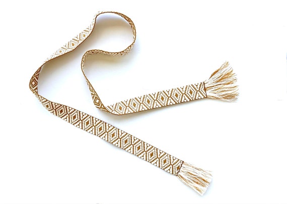 Gold and cream woven wrap sash belt for women, teen or tween. Adjustable skinny tie belt with fringe. Ready To Ship