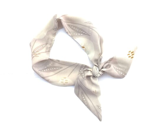 Neutral floral skinny hair scarf. Fabric hair tie for ponytail, bun, braid or handbag. Thin, small, short woman's neck scarf. Ready to Ship