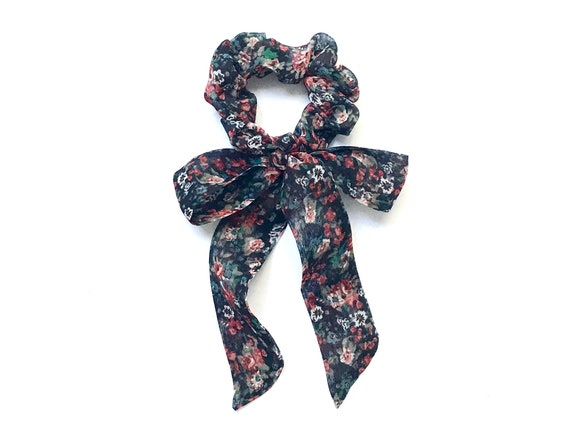 Long tail fabric scrunchie scarf for bun or ponytail.  Brown floral elastic scrunchy hair bow accent. Under 20 Dollars, Ready to Ship