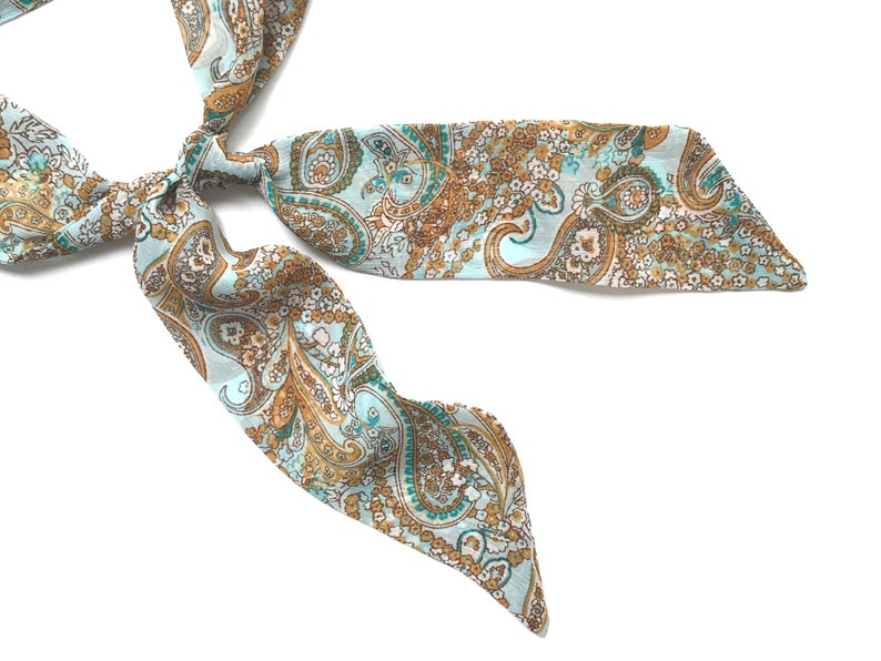 Long skinny scarf for women. Floral fabric hair tie for neck, bun, handbag or ponytail. Chic fashion accent in paisley and petite flowers. image 3