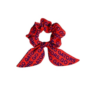 May include: Red scrunchie with a bow, featuring the text "GO GATORS" in blue. The scrunchie is made of a soft fabric and is designed to hold hair in place. Perfect for sports fans.