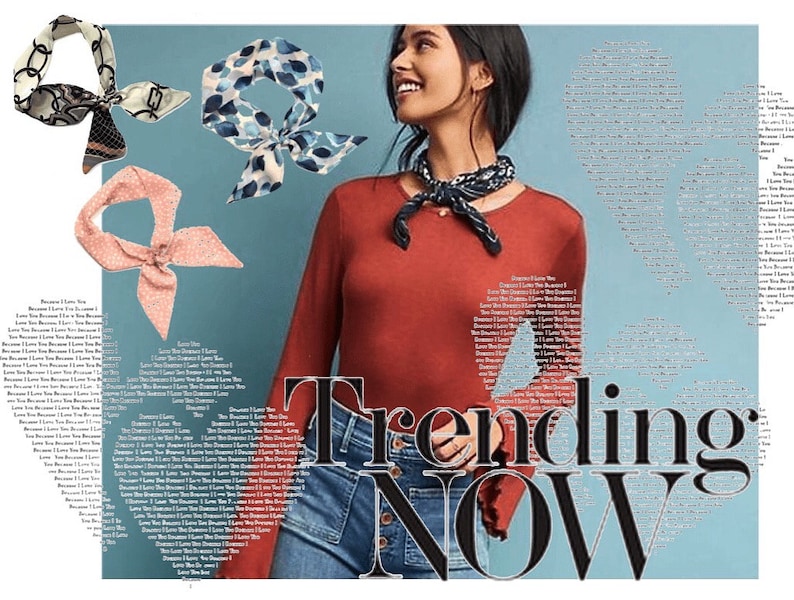 May include: A woman wearing a red long-sleeved shirt with a blue and white patterned scarf tied around her neck. She is smiling and looking to the right. The background is a light blue with the words "Trending NOW" in black.