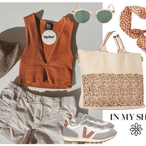 May include: A summer outfit featuring a rust-colored tank top, light gray cargo shorts, white sneakers, a straw hat, a brown and white woven tote bag, a brown and white patterned bandana, and green sunglasses. The text "IN MY SHOES" is visible in the image.