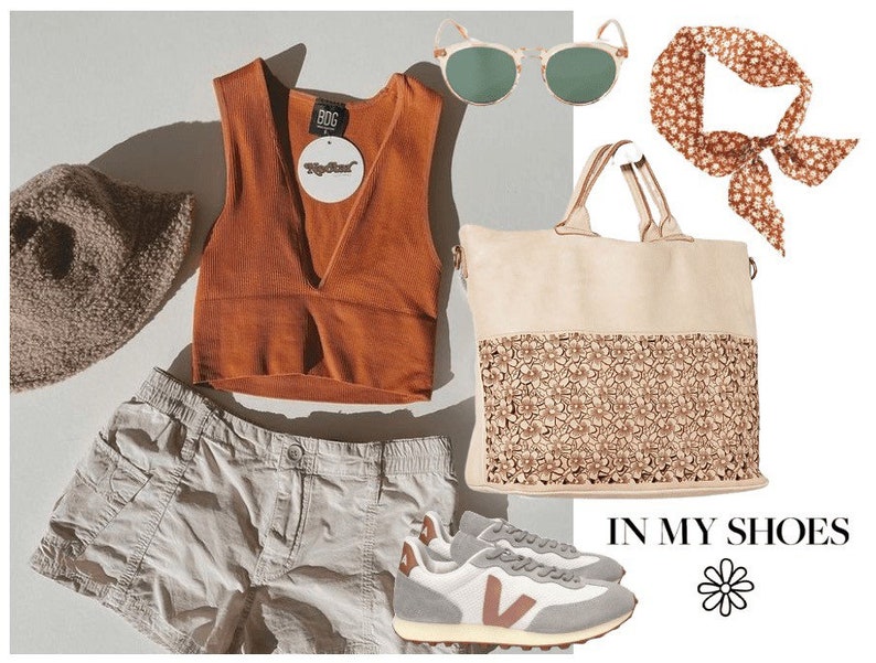 May include: A summer outfit featuring a rust-colored tank top, light gray cargo shorts, white sneakers, a straw hat, a brown and white woven tote bag, a brown and white patterned bandana, and green sunglasses. The text "IN MY SHOES" is visible in the image.