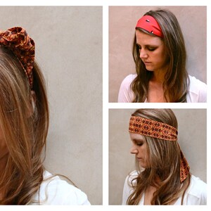 May include: Four different ways to style a headband. The first image shows a woman wearing a brown and gold patterned headband with a bow. The second image shows a woman wearing a red headband. The third image shows a woman wearing a brown and gold patterned headband. The fourth image shows a woman wearing a gold patterned scarf tied around her wrist.
