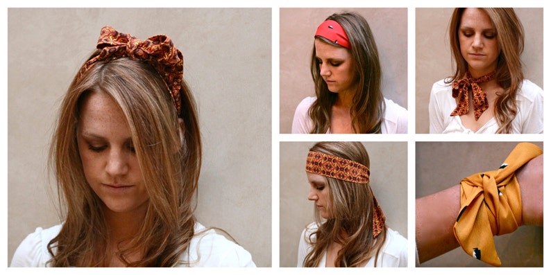 May include: Four different ways to style a headband. The first image shows a woman wearing a brown and gold patterned headband with a bow. The second image shows a woman wearing a red headband. The third image shows a woman wearing a brown and gold patterned headband. The fourth image shows a woman wearing a gold patterned scarf tied around her wrist.