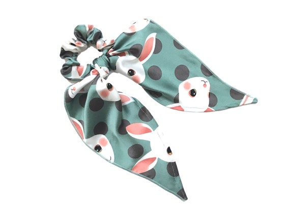 Long tail scrunchie for ponytail or bun. Modern women's hair scarf scrunchy with polka dots and rabbits. Petite neck scarf option.