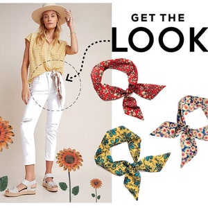 May include: Get the Look text with three floral patterned scarves in red, blue and yellow. The scarves are tied in a bow.