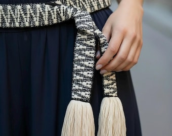 Handcrafted Navy & Cream Woven Wrap Sash Belt with Fringe for Women, Teens - Adjustable Skinny Tie - Ready to Ship