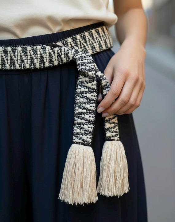 Handcrafted Navy & Cream Woven Wrap Sash Belt with Fringe for Women, Teens - Adjustable Skinny Tie - Ready to Ship