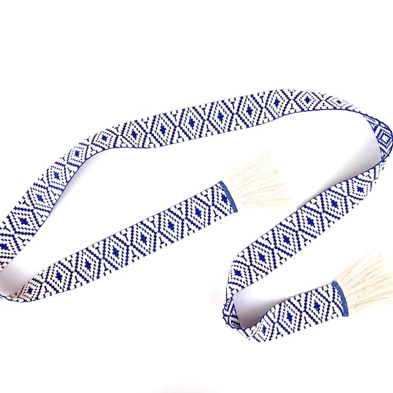 Woven wrap belt for women, teen or tween. Adjustable skinny tie sash belt with fringe in blue and cream. Top Selling Items, Ready To Ship