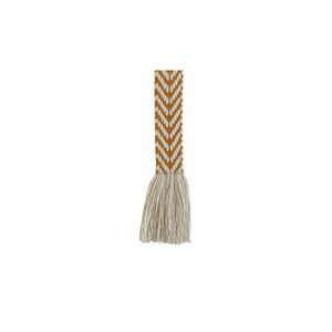May include: A woven wall hanging with a chevron pattern in mustard yellow and white. The hanging has a fringe at the bottom.