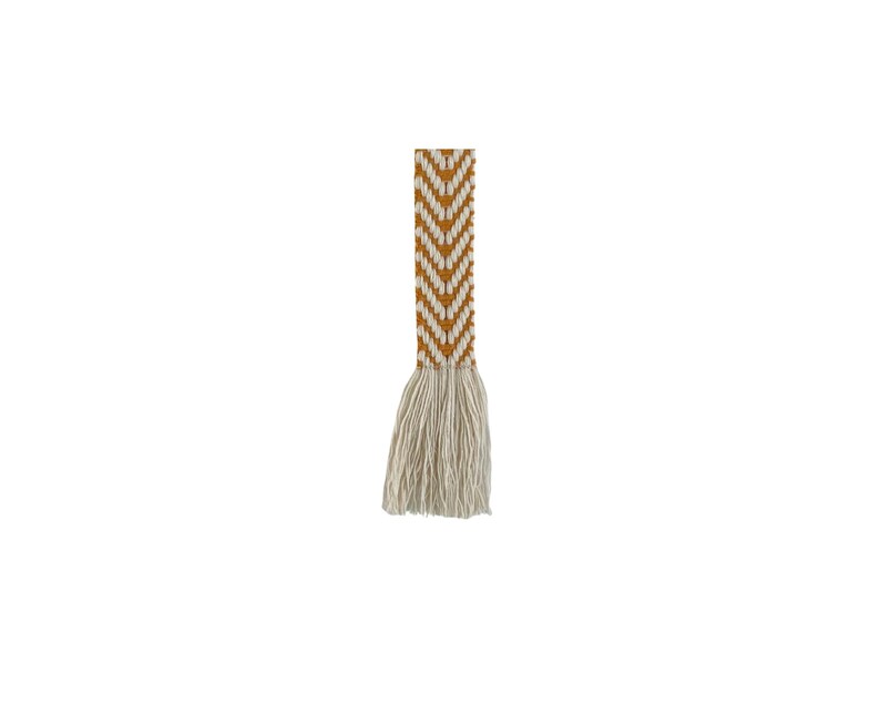 May include: A woven wall hanging with a chevron pattern in mustard yellow and white. The hanging has a fringe at the bottom.