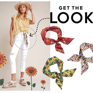 May include: Get the Look text with three floral patterned neck scarves in red, blue and yellow.
