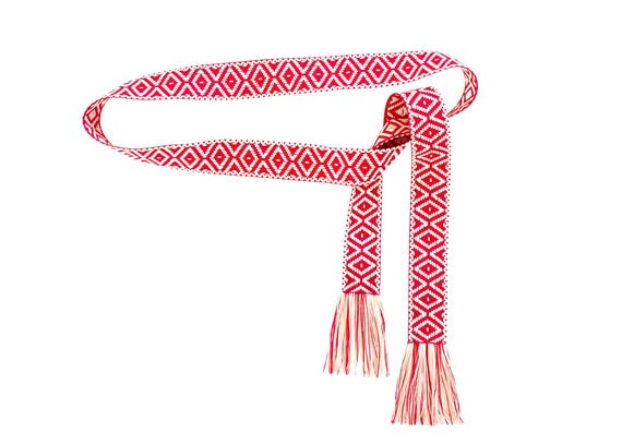 Red and cream woven wrap sash belt for women, teen or tween. Adjustable skinny tie belt with fringe. Ready To Ship