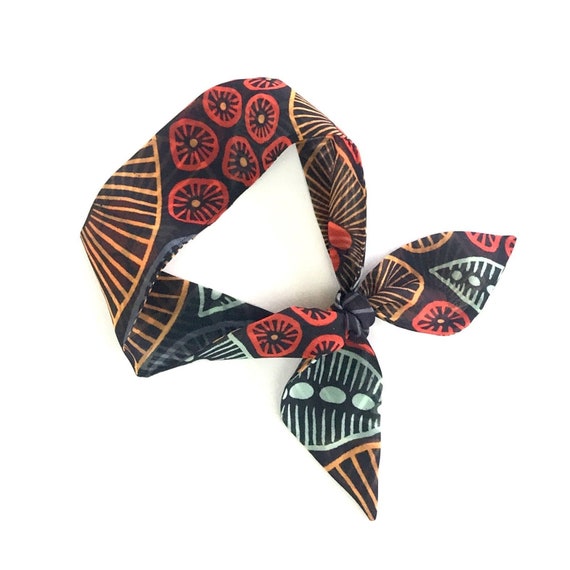 Abstract short hair scarf. Fabric hair tie for ponytail, messy bun, top knot, braid or handbag. Skinny women's neck scarf. Ready to Ship