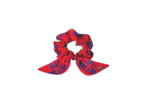 Buffalo Bills bunny ear scrunchie for ponytail, bun or top knot. NFL Bill apparel gift. Ready to Ship