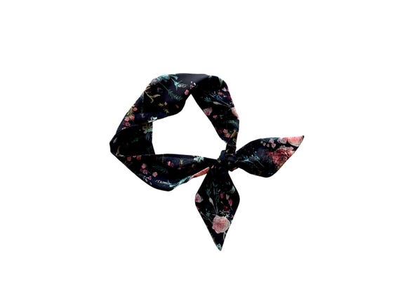 Short hair scarf. Floral skinny scarf for ponytail, bun, top knot or handbag.