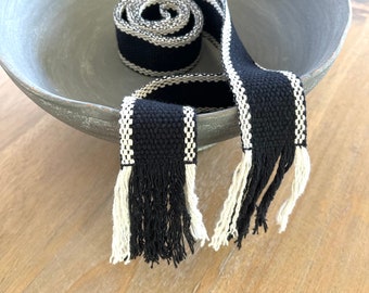 Woven wrap sash belt for women, teen or tween. Adjustable skinny tie belt with fringe in black and cream. Ready To Ship
