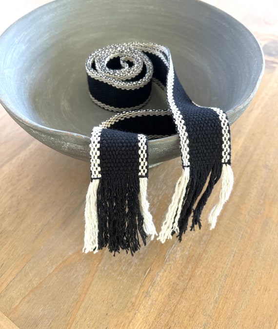 Bohemian Woven Wrap Belt for Women.  Adjustable Skinny Fringe Sash Tie in Black & Cream - Ready To Ship