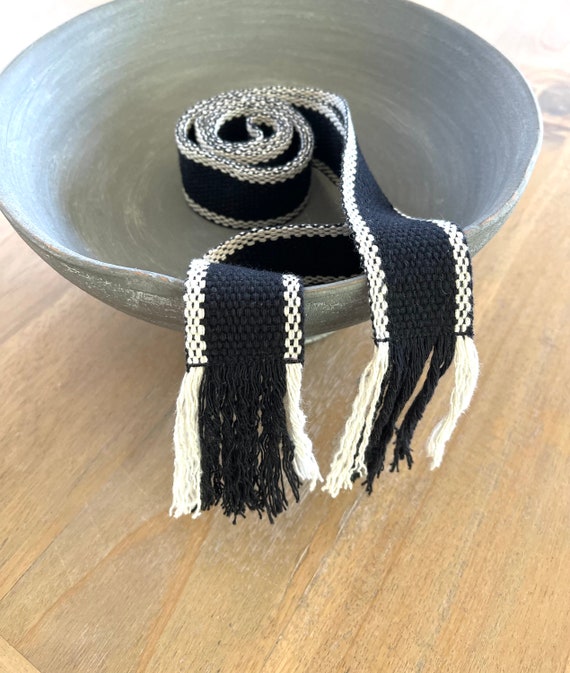 Woven wrap sash belt for women, teen or tween. Adjustable skinny tie belt with fringe in black and cream. Ready To Ship