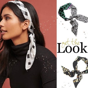 May include: A woman wearing a black turtleneck and a black and white checkered headscarf. The image also shows two additional patterned scarves, one with a black, green, and white design, and another with a black, yellow, and green design. The text "get the LOOK" is also visible.