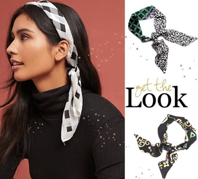 May include: A woman wearing a black turtleneck and a black and white checkered headscarf. The image also shows two additional patterned scarves, one with a black, green, and white design, and another with a black, yellow, and green design. The text "get the LOOK" is also visible.