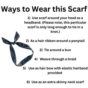 May include: A patterned scarf with a variety of colours, including black, green, and orange. The scarf is tied in a knot and is shown in six different ways to wear it, including as a headband, hair ribbon, and neck scarf.