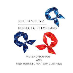 May include: Three fabric hair ties or neck scarves featuring NFL team patterns. One is blue with Lions branding, one is blue with Cowboys text, and one is red with Chiefs text. Each accessory displays football graphics and team slogans.