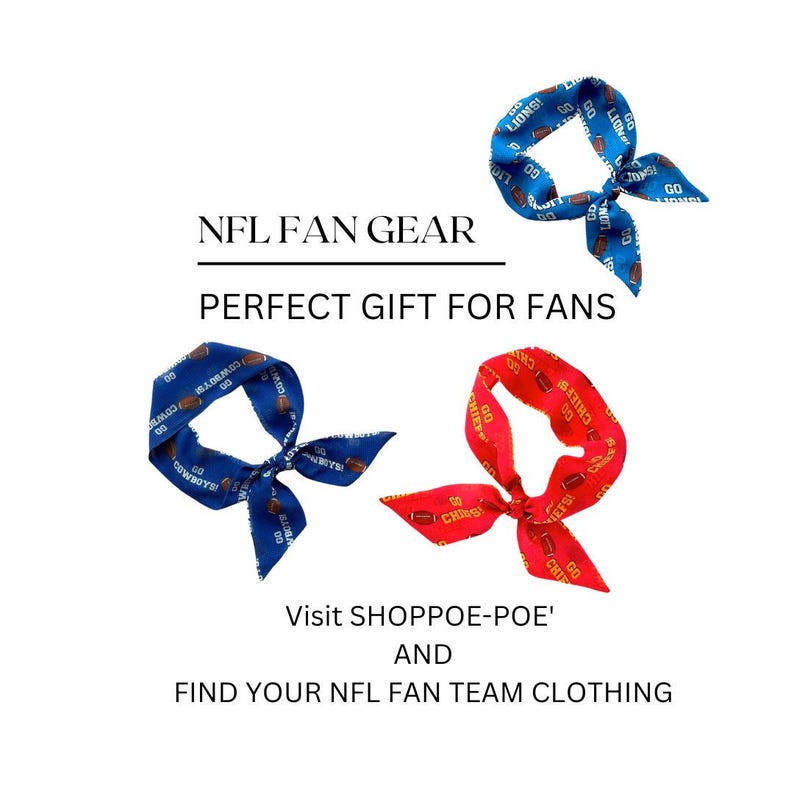 May include: Three fabric hair ties or neck scarves featuring NFL team patterns. One is blue with Lions branding, one is blue with Cowboys text, and one is red with Chiefs text. Each accessory displays football graphics and team slogans.