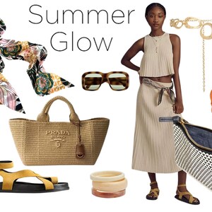 May include: A collection of fashion items labeled Summer Glow including a floral scarf, tortoise sunglasses, a beige Prada tote, yellow sandals, a gold chain belt, a beige pleated set, an orange halter top, bangles, and a black and white patterned clutch.