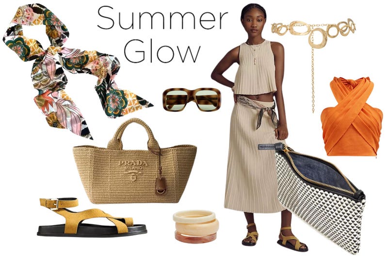 May include: A collection of fashion items labeled Summer Glow including a floral scarf, tortoise sunglasses, a beige Prada tote, yellow sandals, a gold chain belt, a beige pleated set, an orange halter top, bangles, and a black and white patterned clutch.