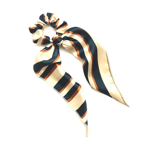 Long tail scarf scrunchie for ladies. Modern convertible scrunchy with tail for ponytail or bun. Striped fashion accent, Ready to Ship