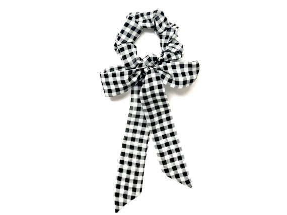 Black gingham scarf scrunchie with tail for bun, ponytail or braid. Convertible hair scarf for women, teen, tween. Ready to Ship