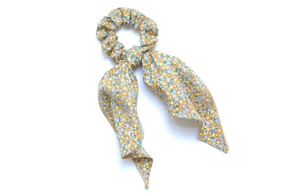 Cotton hair scarf scrunchie for ladies. Modern scrunchy with long tail for ponytail or bun. Floral women fashion accent. Ready to Ship