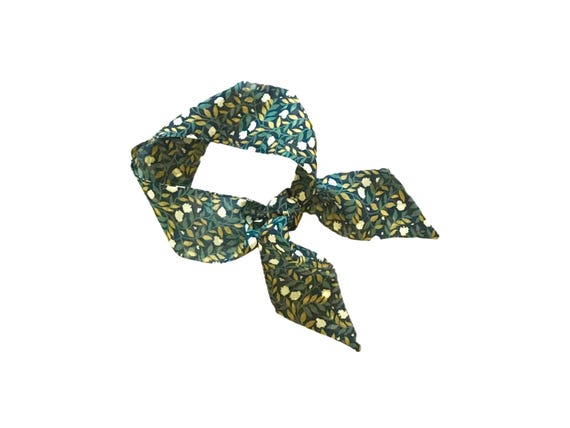 Short hair scarf. Fabric hair tie for ponytail, messy bun, top knot or handbag. Small skinny women's floral neck scarf. Ready to Ship