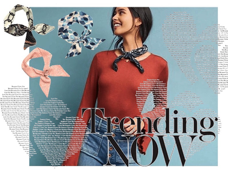 May include: A woman wearing a red long-sleeved shirt, blue jeans, and a black and white patterned bandana around her neck. The text "Trending NOW" is in large black letters on a light blue background. There are three different patterned scarves in the top corners of the image.