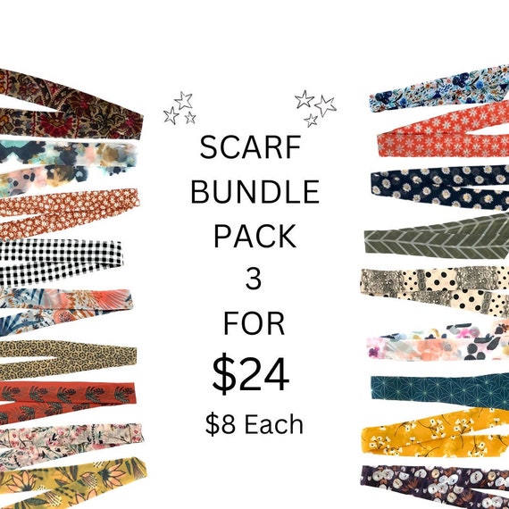 Variety Scarf Package.Your Choice of short hair scarves.Extra narrow fabric hair ties for ponytail, braid or bun for women, ladies or teen